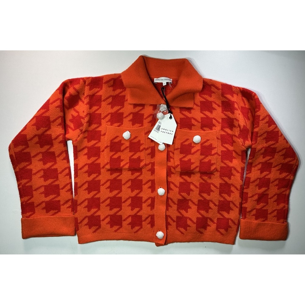 Anthropologie English Factory Houndstooth Cropped Cardigan Sweater Large Org/Red - Picture 2 of 11